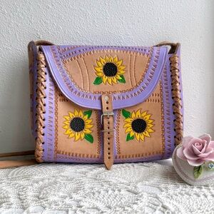 Vintage Sunflower Tooled Leather Crossbody Bag Purple Tan Boho Festival Western